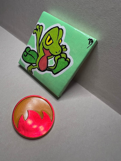Treecko Pokemon Mini Painting, Tiny Collectible, Small Handmade Art, Gifts for him, gifts for her, birthday, Green, Yellow, Frog