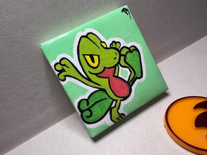 Treecko Pokemon Mini Painting, Tiny Collectible, Small Handmade Art, Gifts for him, gifts for her, birthday, Green, Yellow, Frog