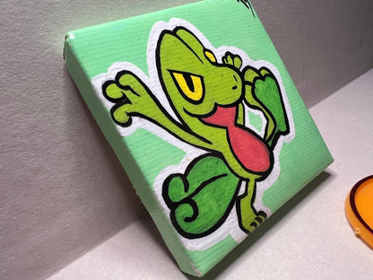 Treecko Pokemon Mini Painting, Tiny Collectible, Small Handmade Art, Gifts for him, gifts for her, birthday, Green, Yellow, Frog