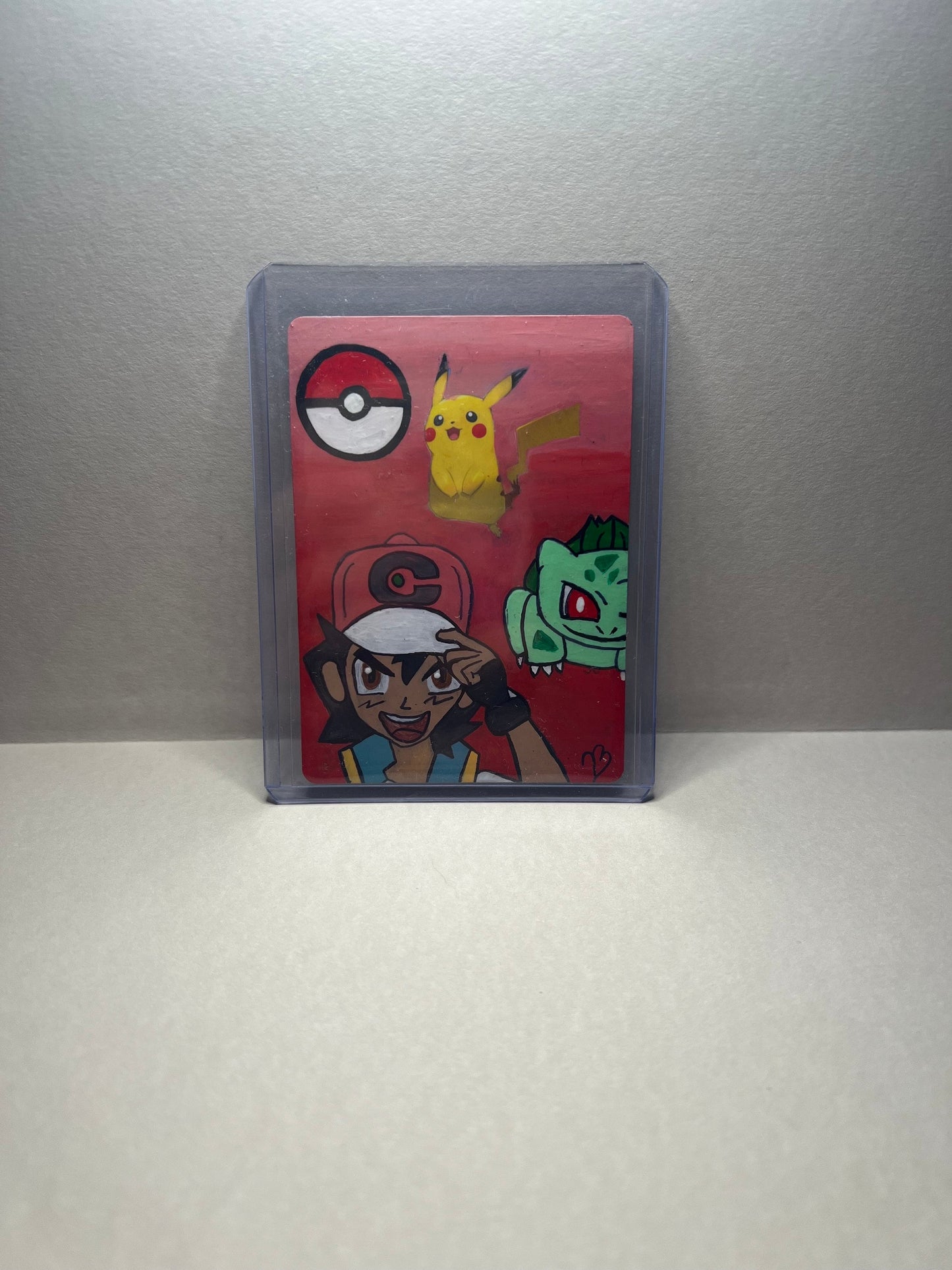 Pikachu and Ash and Bulbasaur Custom Handpainted Collectible Gift Pokémon Card