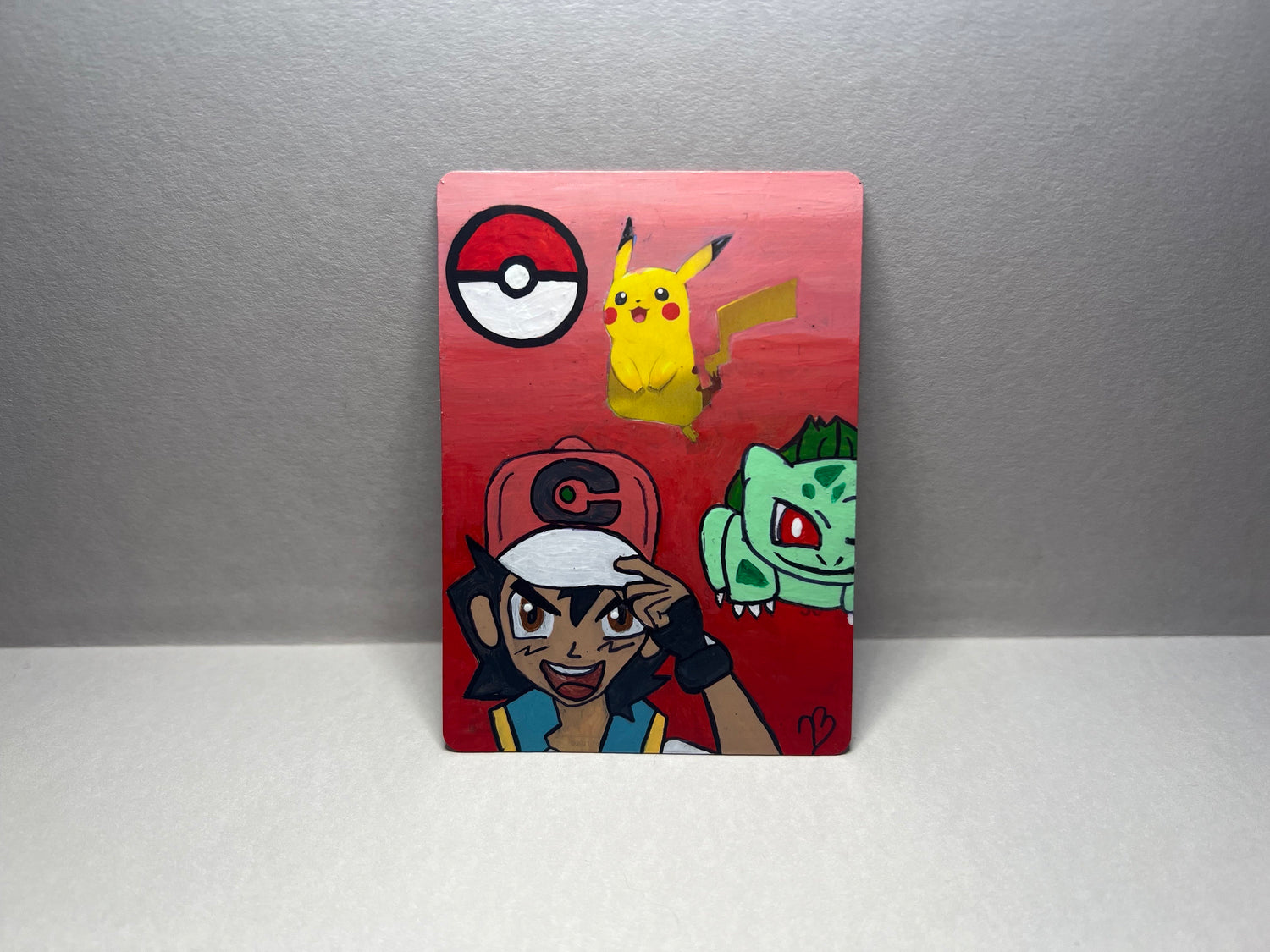 Pikachu and Ash and Bulbasaur Custom Handpainted Collectible Gift Pokémon Card