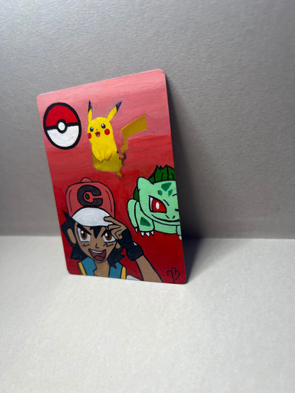 Pikachu and Ash and Bulbasaur Custom Handpainted Collectible Gift Pokémon Card