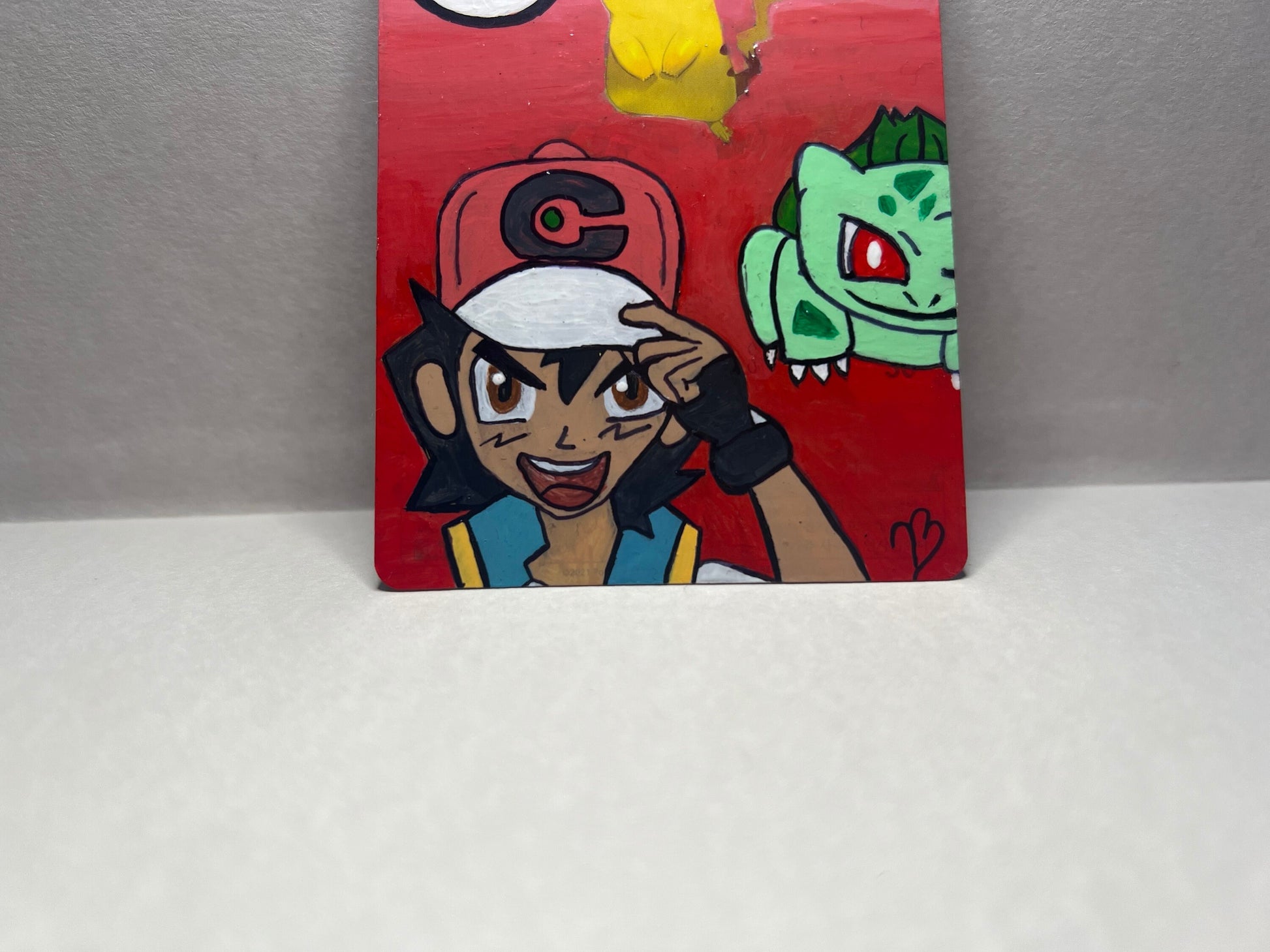 pikachu and ash pokemon card Pikachu and Ash and Bulbasaur Custom Handpainted Collectible Gift Pokémon Card