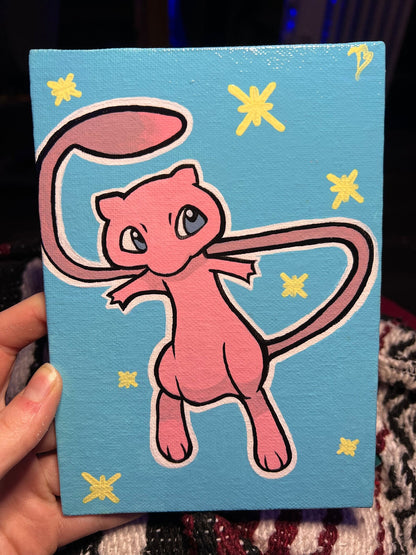 Hand-Painted Mew Pokémon Art on Canvas | Cute Cartoon Wall Decor | Glossy Finish | Ideal Kid's Birthday Present
