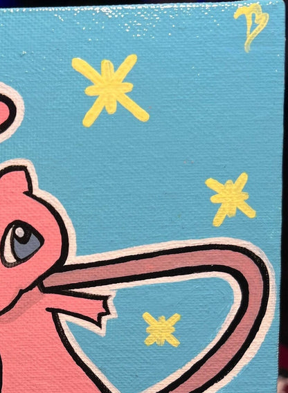 Hand-Painted Mew Pokémon Art on Canvas | Cute Cartoon Wall Decor | Glossy Finish | Ideal Kid's Birthday Present