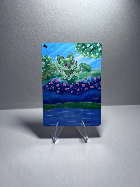 Collectible Sprigatito Pokémon Card | Hand-Painted Gift | Cat Lover Art | Unique Present | Father’s Day Celebration | Graduation |